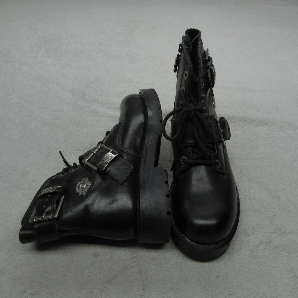 Harley Davidson Men 7.5 Moto Boots Black Leather Buckle Side Zip Lug Sole Travel